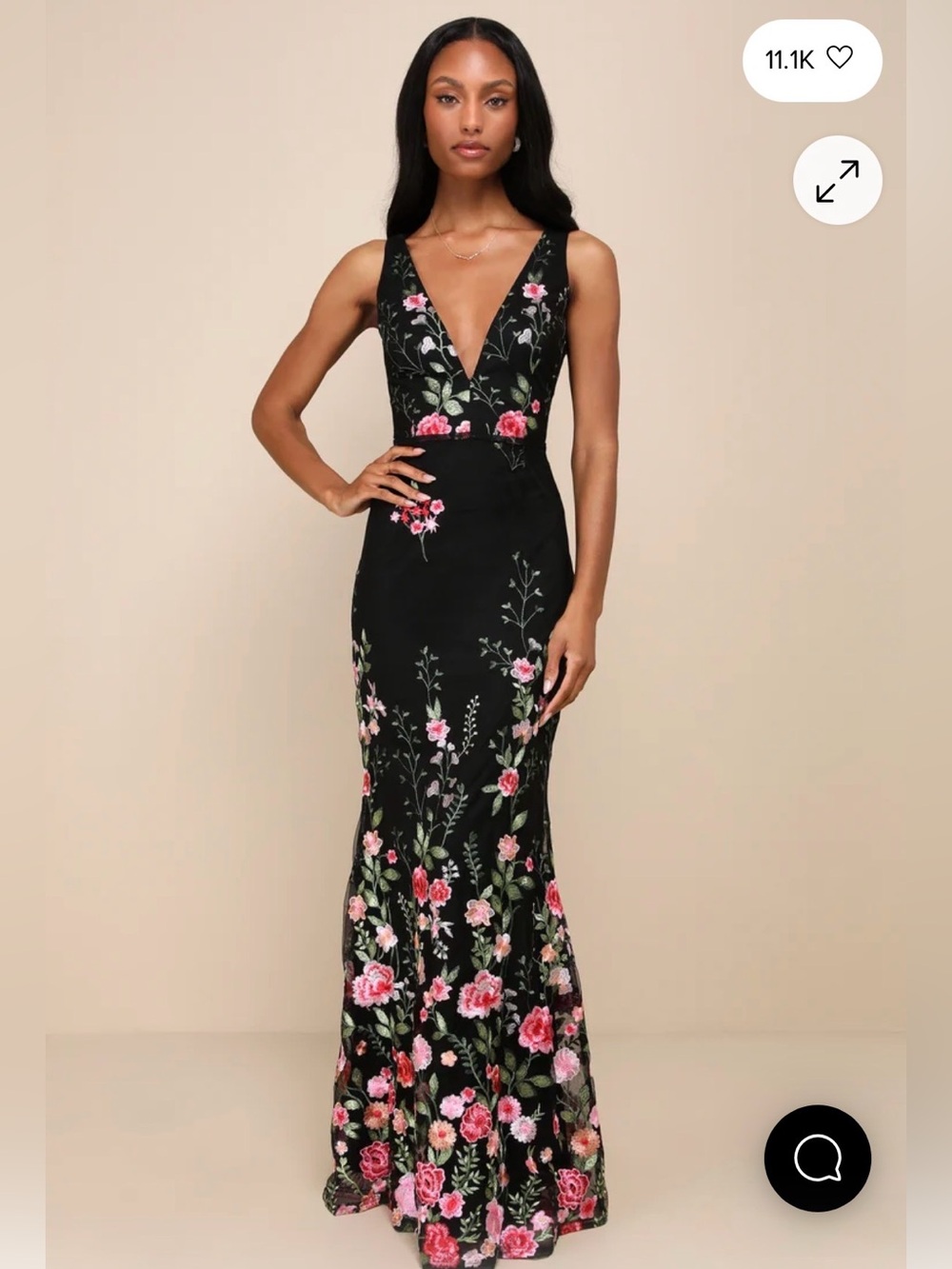 Lulu's Black Maxi Dress with Pink Floral Embroidery and V-Neck